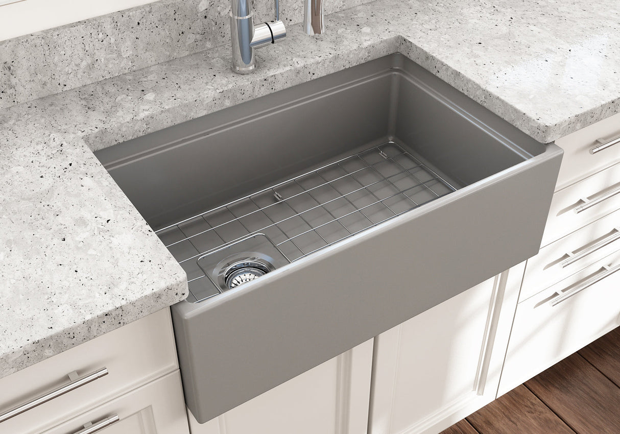 BOCCHI 1344-006-0120 Contempo Step-Rim Apron Front Fireclay 30 in. Single Bowl Kitchen Sink with Integrated Work Station & Accessories in Matte Gray