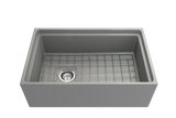 BOCCHI 1344-006-0120 Contempo Step-Rim Apron Front Fireclay 30 in. Single Bowl Kitchen Sink with Integrated Work Station & Accessories in Matte Gray