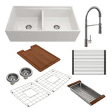 BOCCHI 1348-001-2020SS Kit: 1348 Contempo Step-Rim Apron Front Fireclay 36 in. Double Bowl Kitchen Sink with Integrated Work Station & Accessories w/ Livenza 2.0 Faucet