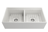 BOCCHI 1348-001-0120 Contempo Step-Rim Apron Front Fireclay 36 in. Double Bowl Kitchen Sink with Integrated Work Station & Accessories in White