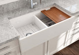 BOCCHI 1348-001-0120 Contempo Step-Rim Apron Front Fireclay 36 in. Double Bowl Kitchen Sink with Integrated Work Station & Accessories in White