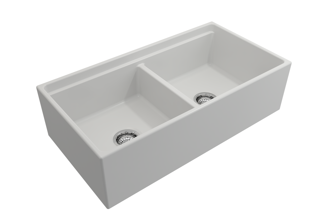 BOCCHI 1348-002-0120 Contempo Step-Rim Apron Front Fireclay 36 in. Double Bowl Kitchen Sink with Integrated Work Station & Accessories in Matte White