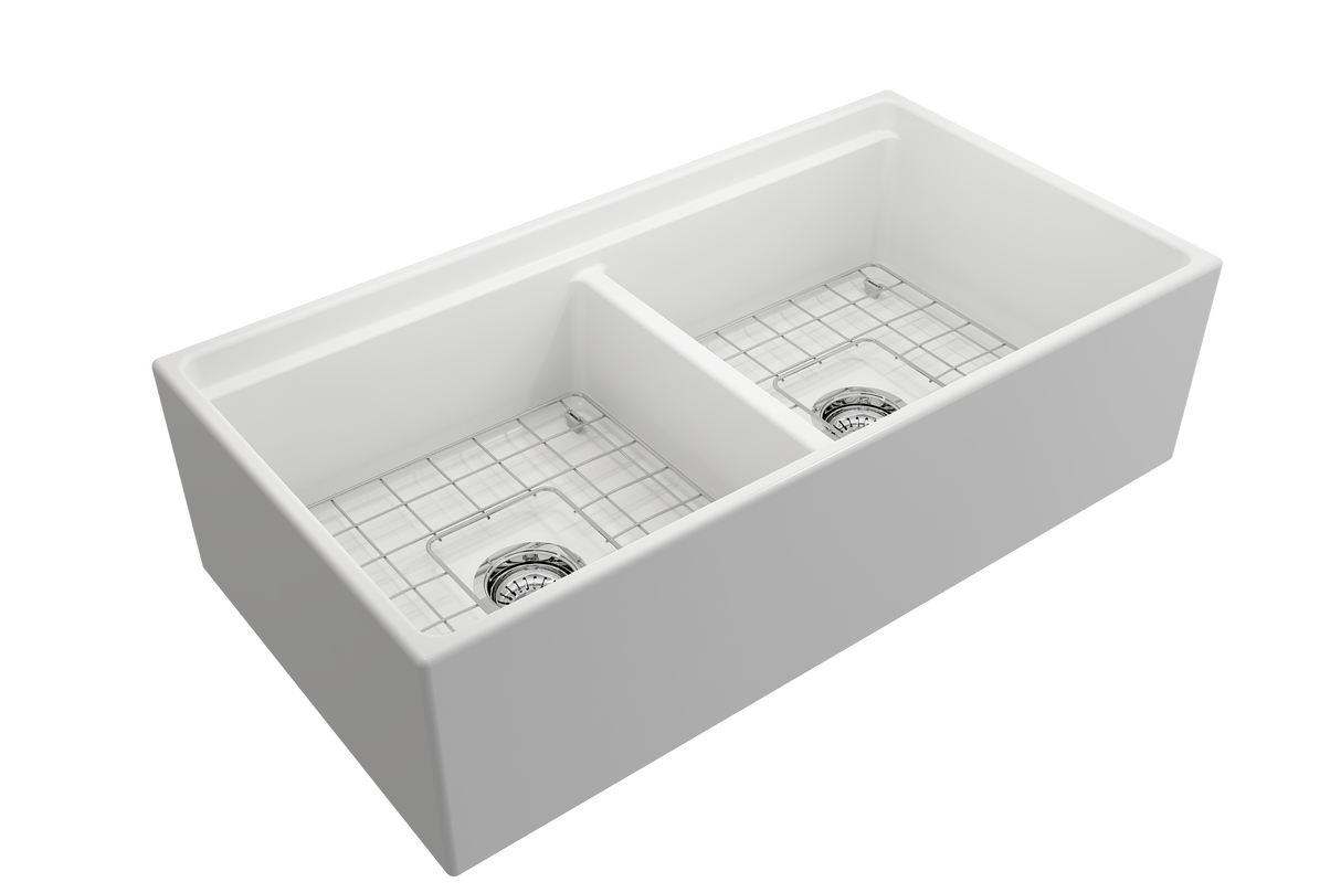 BOCCHI 1348-002-0120 Contempo Step-Rim Apron Front Fireclay 36 in. Double Bowl Kitchen Sink with Integrated Work Station & Accessories in Matte White