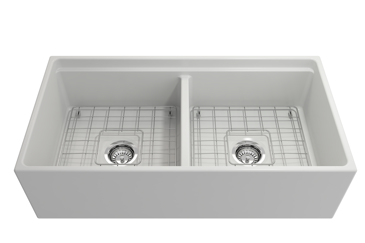 BOCCHI 1348-002-0120 Contempo Step-Rim Apron Front Fireclay 36 in. Double Bowl Kitchen Sink with Integrated Work Station & Accessories in Matte White