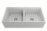 BOCCHI 1348-002-0120 Contempo Step-Rim Apron Front Fireclay 36 in. Double Bowl Kitchen Sink with Integrated Work Station & Accessories in Matte White