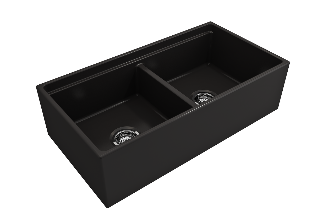 BOCCHI 1348-004-0120 Contempo Step-Rim Apron Front Fireclay 36 in. Double Bowl Kitchen Sink with Integrated Work Station & Accessories in Matte Black