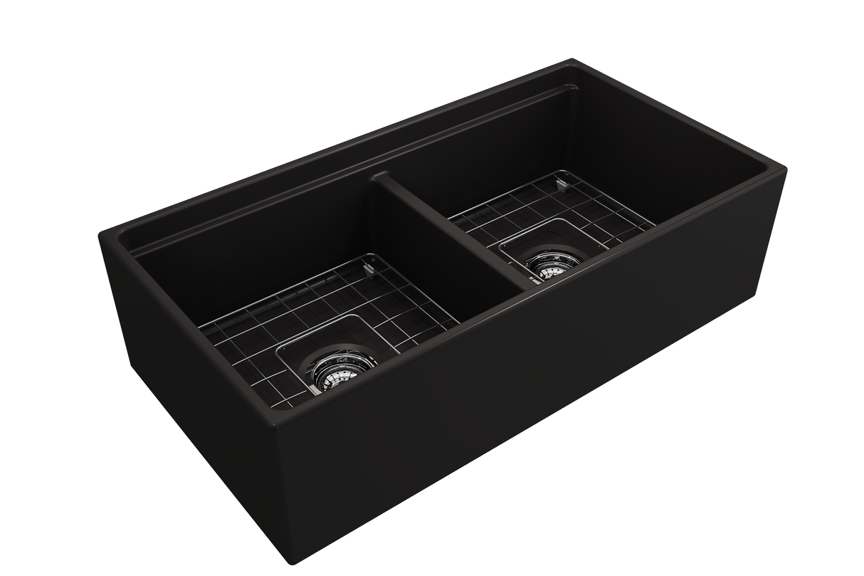 BOCCHI 1348-004-0120 Contempo Step-Rim Apron Front Fireclay 36 in. Double Bowl Kitchen Sink with Integrated Work Station & Accessories in Matte Black