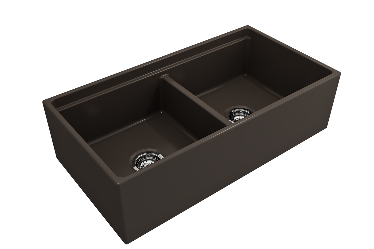 BOCCHI 1348-025-0120 Contempo Step-Rim Apron Front Fireclay 36 in. Double Bowl Kitchen Sink with Integrated Work Station & Accessories in Matte Brown