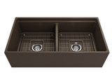 BOCCHI 1348-025-0120 Contempo Step-Rim Apron Front Fireclay 36 in. Double Bowl Kitchen Sink with Integrated Work Station & Accessories in Matte Brown