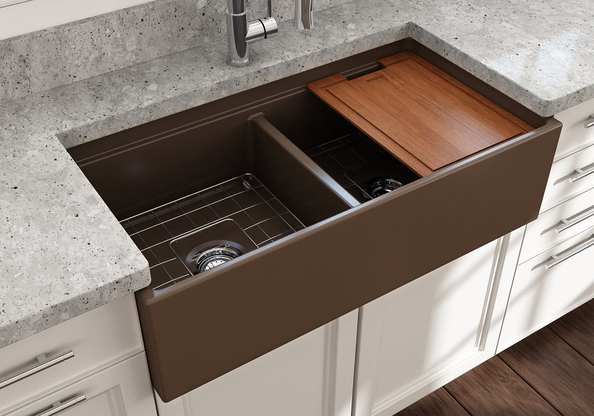 BOCCHI 1348-025-0120 Contempo Step-Rim Apron Front Fireclay 36 in. Double Bowl Kitchen Sink with Integrated Work Station & Accessories in Matte Brown