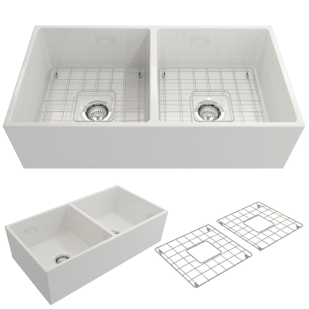 BOCCHI 1350-001-0120 Contempo Apron Front Fireclay 36 in. Double Bowl Kitchen Sink with Protective Bottom Grids and Strainers in White