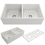 BOCCHI 1350-001-0120 Contempo Apron Front Fireclay 36 in. Double Bowl Kitchen Sink with Protective Bottom Grids and Strainers in White