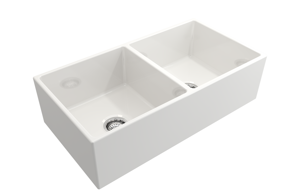 BOCCHI 1350-001-0120 Contempo Apron Front Fireclay 36 in. Double Bowl Kitchen Sink with Protective Bottom Grids and Strainers in White