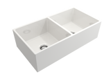 BOCCHI 1350-001-0120 Contempo Apron Front Fireclay 36 in. Double Bowl Kitchen Sink with Protective Bottom Grids and Strainers in White