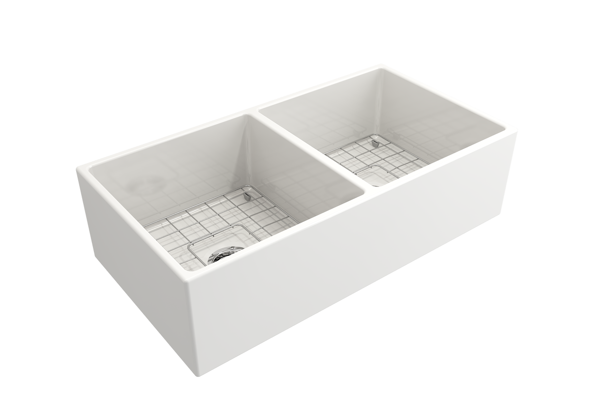 BOCCHI 1350-001-0120 Contempo Apron Front Fireclay 36 in. Double Bowl Kitchen Sink with Protective Bottom Grids and Strainers in White