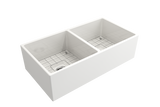 BOCCHI 1350-001-0120 Contempo Apron Front Fireclay 36 in. Double Bowl Kitchen Sink with Protective Bottom Grids and Strainers in White