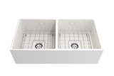 BOCCHI 1350-001-0120 Contempo Apron Front Fireclay 36 in. Double Bowl Kitchen Sink with Protective Bottom Grids and Strainers in White