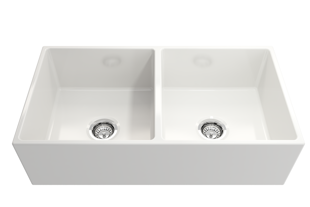 BOCCHI 1350-001-0120 Contempo Apron Front Fireclay 36 in. Double Bowl Kitchen Sink with Protective Bottom Grids and Strainers in White