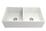 BOCCHI 1350-001-0120 Contempo Apron Front Fireclay 36 in. Double Bowl Kitchen Sink with Protective Bottom Grids and Strainers in White