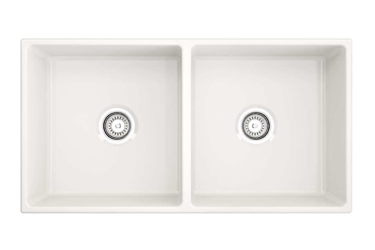 BOCCHI 1350-001-0120 Contempo Apron Front Fireclay 36 in. Double Bowl Kitchen Sink with Protective Bottom Grids and Strainers in White