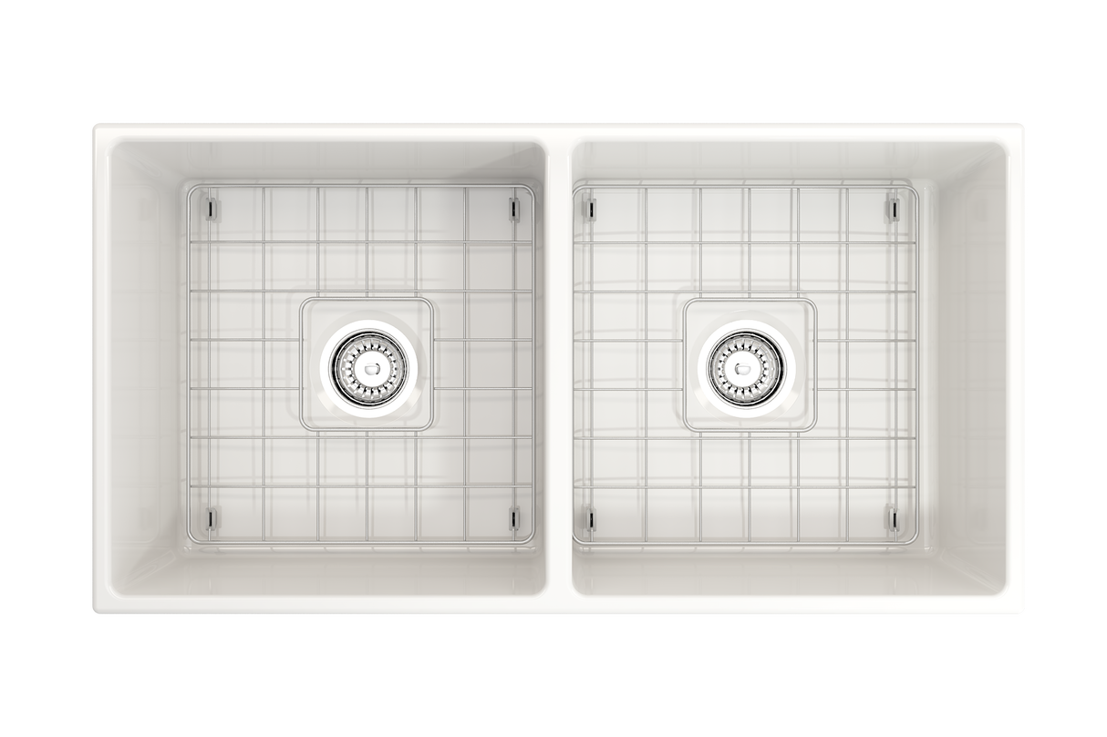 BOCCHI 1350-001-0120 Contempo Apron Front Fireclay 36 in. Double Bowl Kitchen Sink with Protective Bottom Grids and Strainers in White