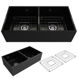 BOCCHI 1350-004-0120 Contempo Apron Front Fireclay 36 in. Double Bowl Kitchen Sink with Protective Bottom Grids and Strainers in Matte Black