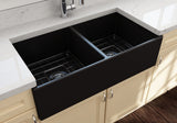 BOCCHI 1350-004-0120 Contempo Apron Front Fireclay 36 in. Double Bowl Kitchen Sink with Protective Bottom Grids and Strainers in Matte Black