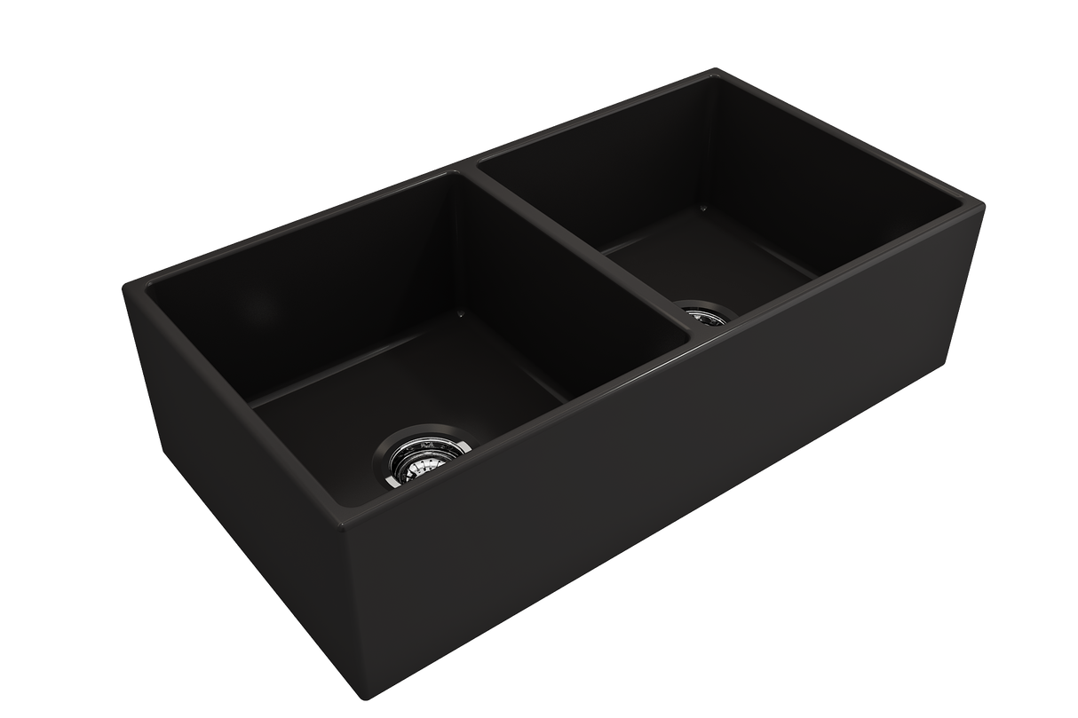 BOCCHI 1350-004-0120 Contempo Apron Front Fireclay 36 in. Double Bowl Kitchen Sink with Protective Bottom Grids and Strainers in Matte Black