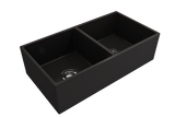 BOCCHI 1350-004-0120 Contempo Apron Front Fireclay 36 in. Double Bowl Kitchen Sink with Protective Bottom Grids and Strainers in Matte Black