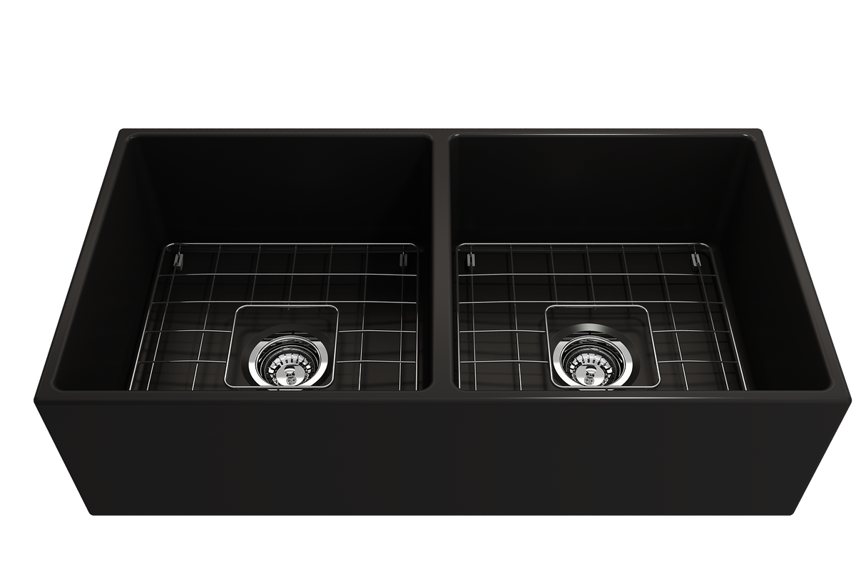 BOCCHI 1350-004-0120 Contempo Apron Front Fireclay 36 in. Double Bowl Kitchen Sink with Protective Bottom Grids and Strainers in Matte Black