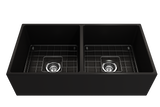 BOCCHI 1350-004-0120 Contempo Apron Front Fireclay 36 in. Double Bowl Kitchen Sink with Protective Bottom Grids and Strainers in Matte Black