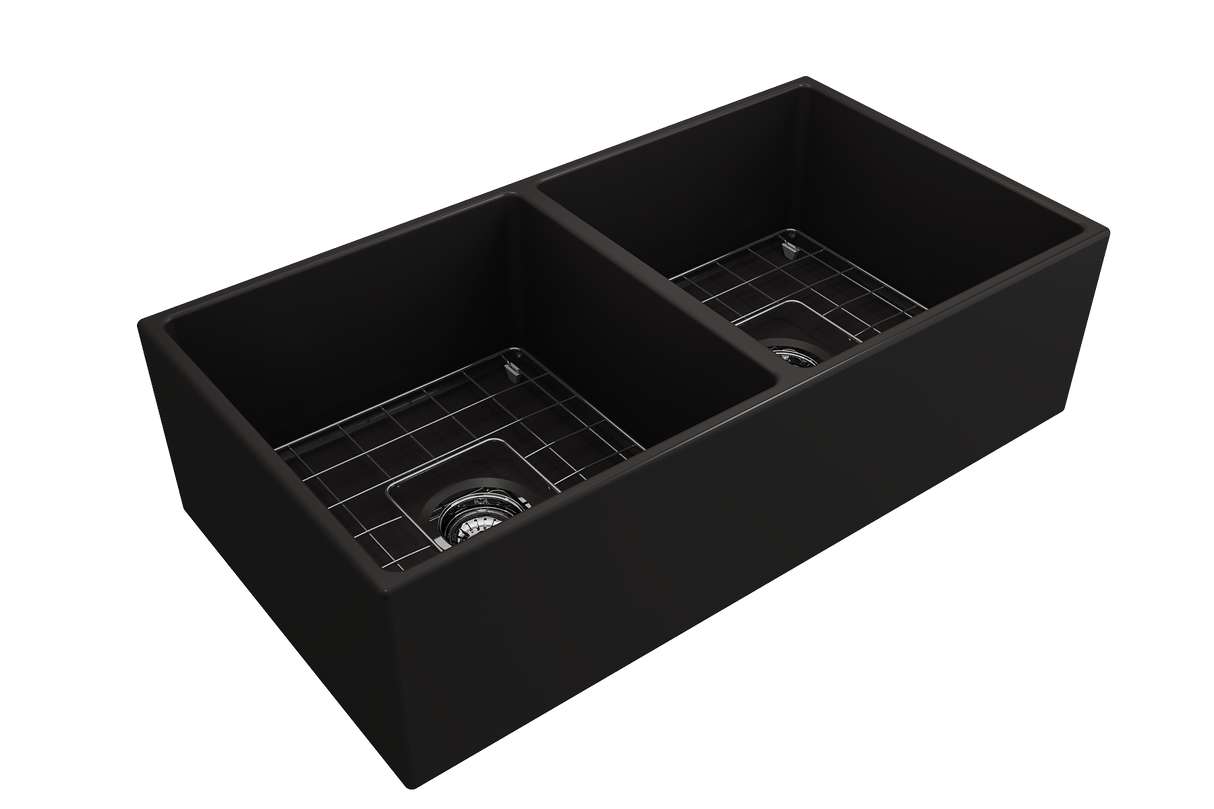 BOCCHI 1350-004-0120 Contempo Apron Front Fireclay 36 in. Double Bowl Kitchen Sink with Protective Bottom Grids and Strainers in Matte Black