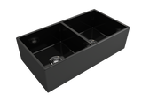 BOCCHI 1350-005-0120 Contempo Apron Front Fireclay 36 in. Double Bowl Kitchen Sink with Protective Bottom Grids and Strainers in Black