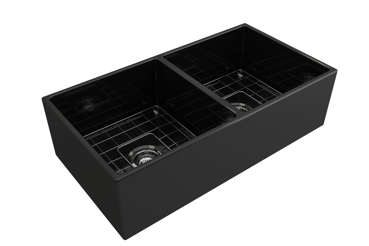 BOCCHI 1350-005-0120 Contempo Apron Front Fireclay 36 in. Double Bowl Kitchen Sink with Protective Bottom Grids and Strainers in Black