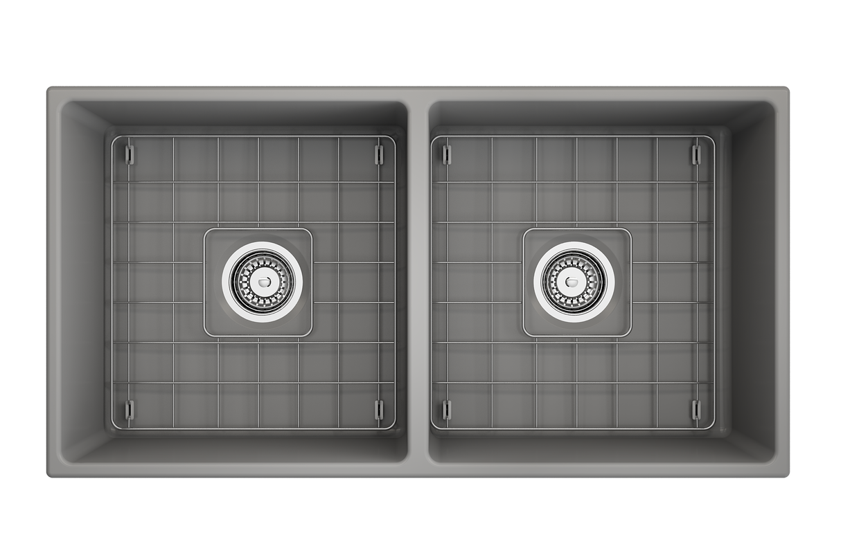 BOCCHI 1350-006-0120 Contempo Apron Front Fireclay 36 in. Double Bowl Kitchen Sink with Protective Bottom Grids and Strainers in Matte Gray
