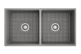 BOCCHI 1350-006-0120 Contempo Apron Front Fireclay 36 in. Double Bowl Kitchen Sink with Protective Bottom Grids and Strainers in Matte Gray