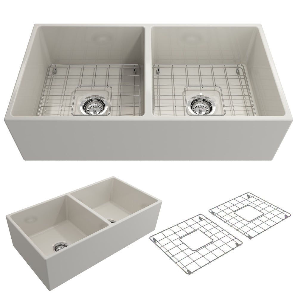 BOCCHI 1350-014-0120 Contempo Apron Front Fireclay 36 in. Double Bowl Kitchen Sink with Protective Bottom Grids and Strainers in Biscuit