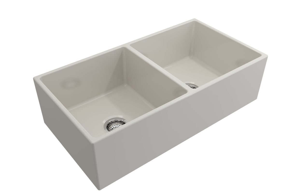 BOCCHI 1350-014-0120 Contempo Apron Front Fireclay 36 in. Double Bowl Kitchen Sink with Protective Bottom Grids and Strainers in Biscuit