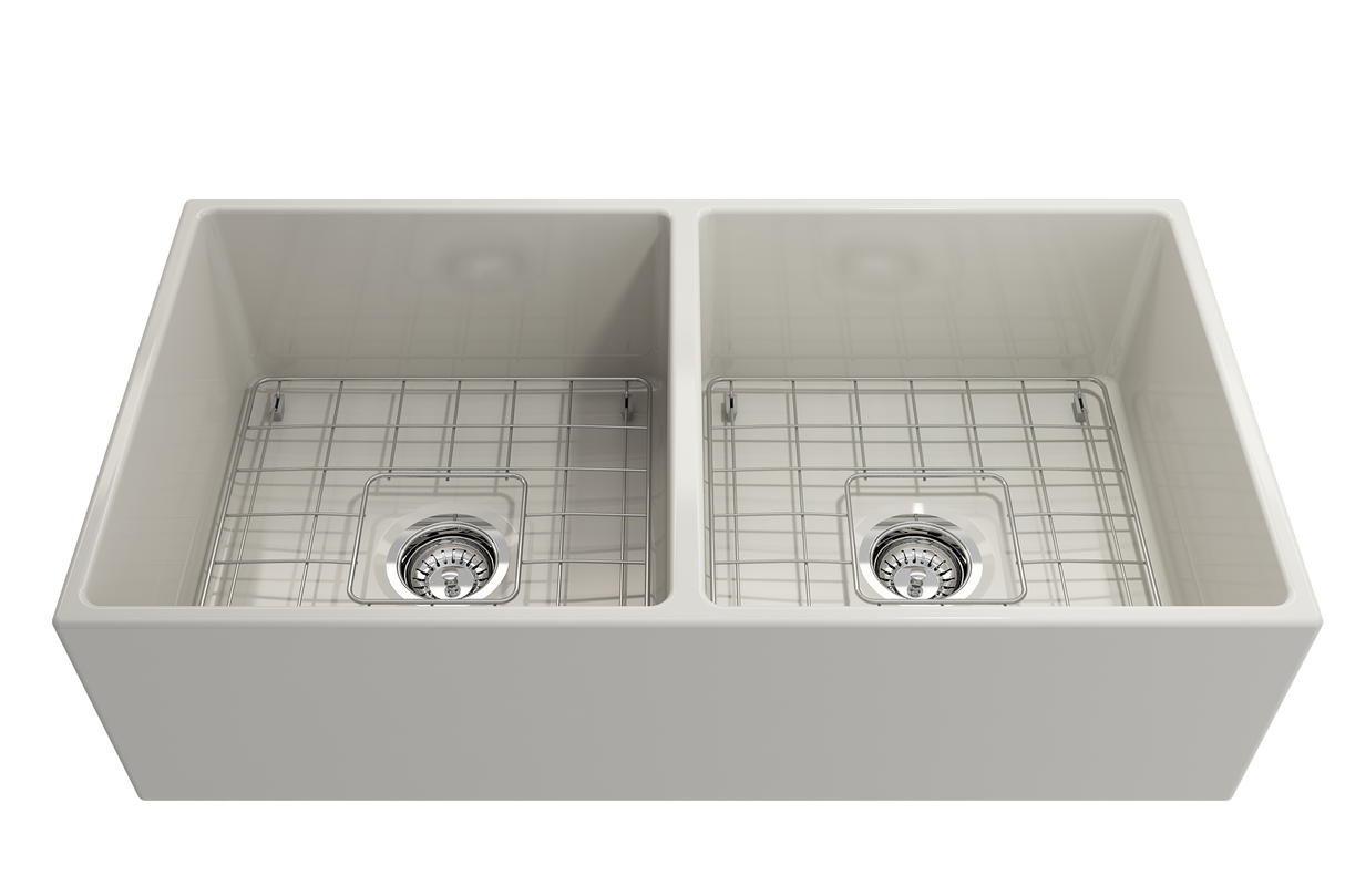 BOCCHI 1350-014-0120 Contempo Apron Front Fireclay 36 in. Double Bowl Kitchen Sink with Protective Bottom Grids and Strainers in Biscuit