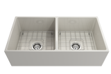 BOCCHI 1350-014-0120 Contempo Apron Front Fireclay 36 in. Double Bowl Kitchen Sink with Protective Bottom Grids and Strainers in Biscuit