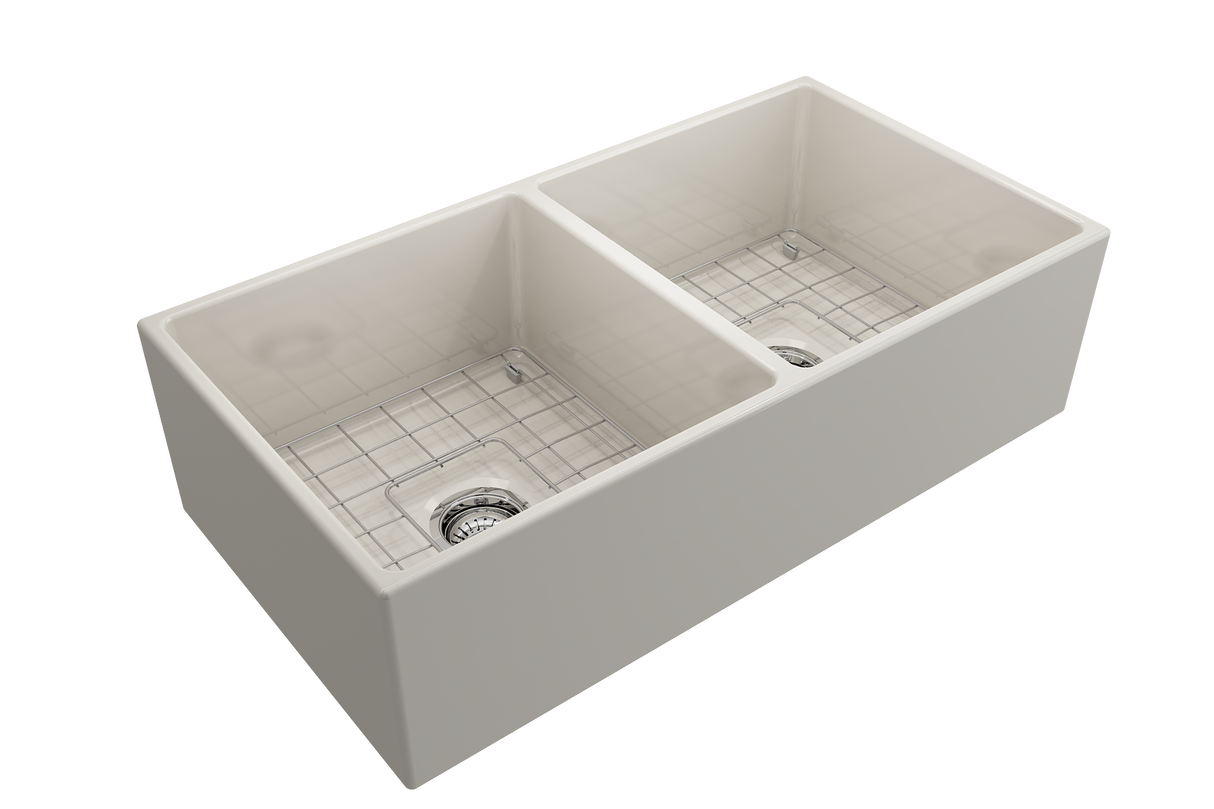 BOCCHI 1350-014-0120 Contempo Apron Front Fireclay 36 in. Double Bowl Kitchen Sink with Protective Bottom Grids and Strainers in Biscuit