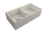 BOCCHI 1350-014-0120 Contempo Apron Front Fireclay 36 in. Double Bowl Kitchen Sink with Protective Bottom Grids and Strainers in Biscuit