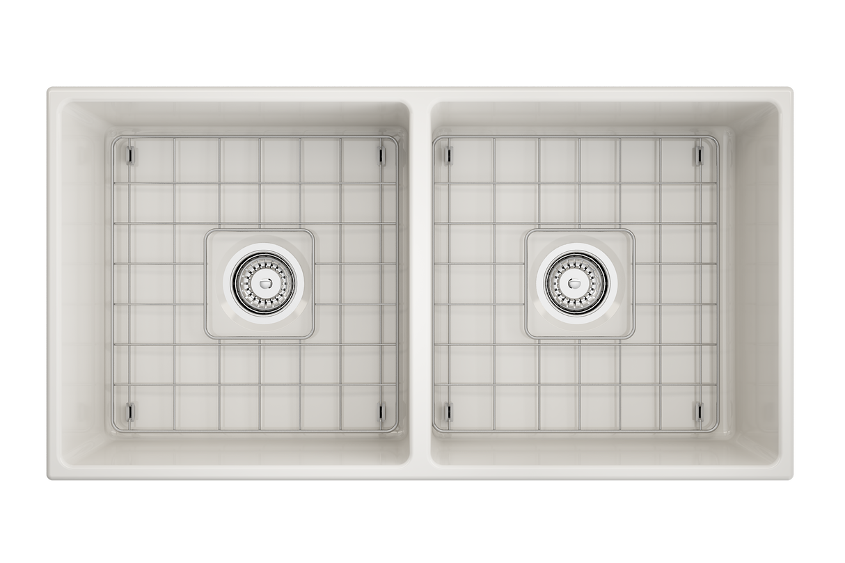 BOCCHI 1350-014-0120 Contempo Apron Front Fireclay 36 in. Double Bowl Kitchen Sink with Protective Bottom Grids and Strainers in Biscuit