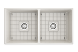 BOCCHI 1350-014-0120 Contempo Apron Front Fireclay 36 in. Double Bowl Kitchen Sink with Protective Bottom Grids and Strainers in Biscuit