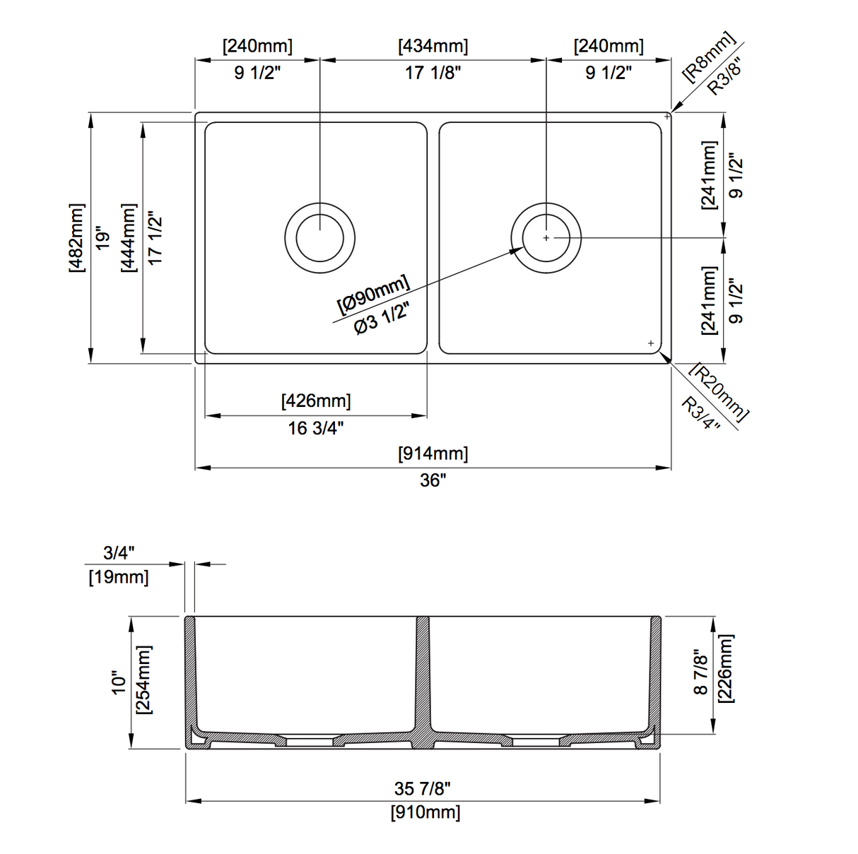 BOCCHI 1350-001-0120 Contempo Apron Front Fireclay 36 in. Double Bowl Kitchen Sink with Protective Bottom Grids and Strainers in White