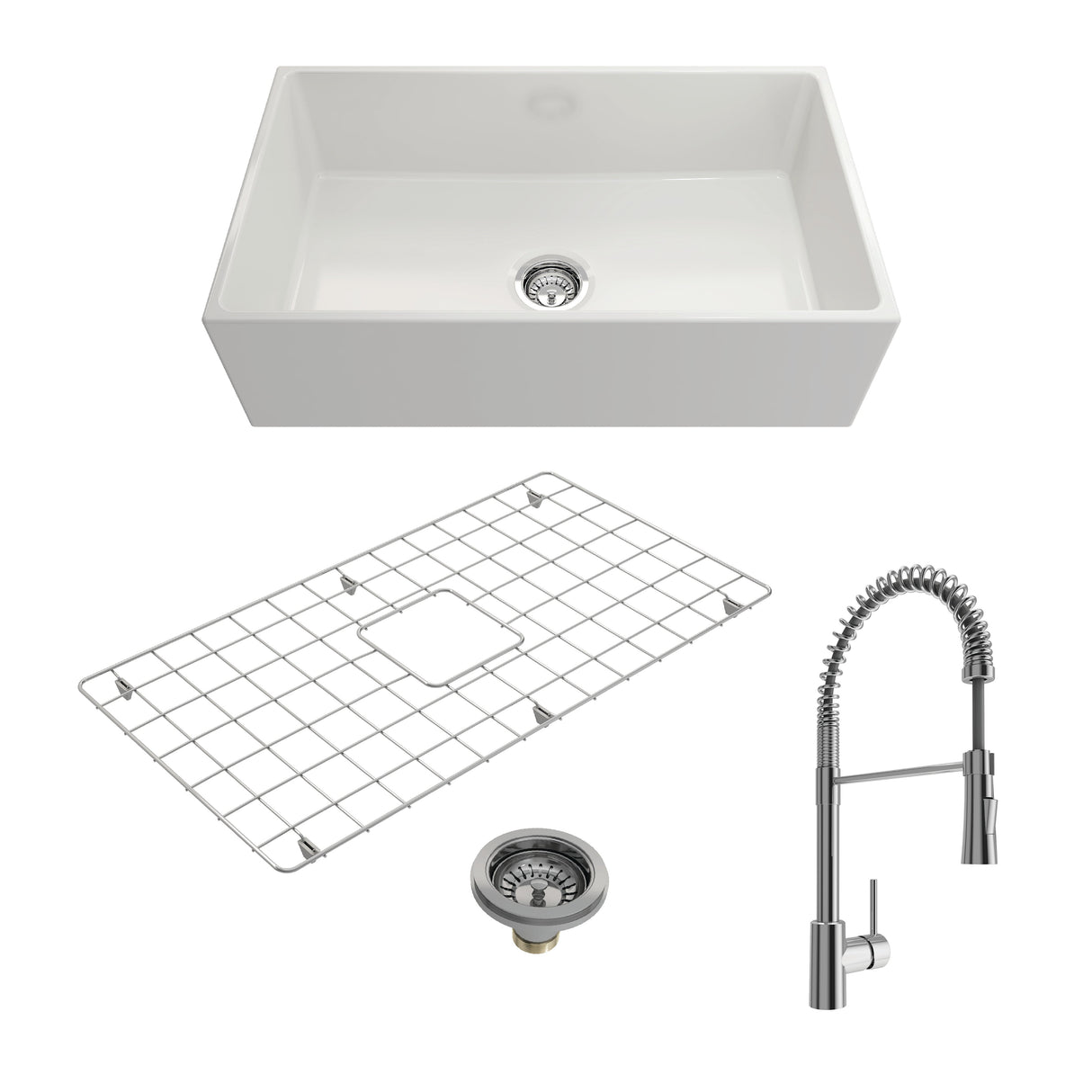 BOCCHI 1352-001-2020CH Kit: 1352 Contempo Apron Front Fireclay 33 in. Single Bowl Kitchen Sink with Protective Bottom Grid and Strainer w/ Livenza 2.0 Faucet