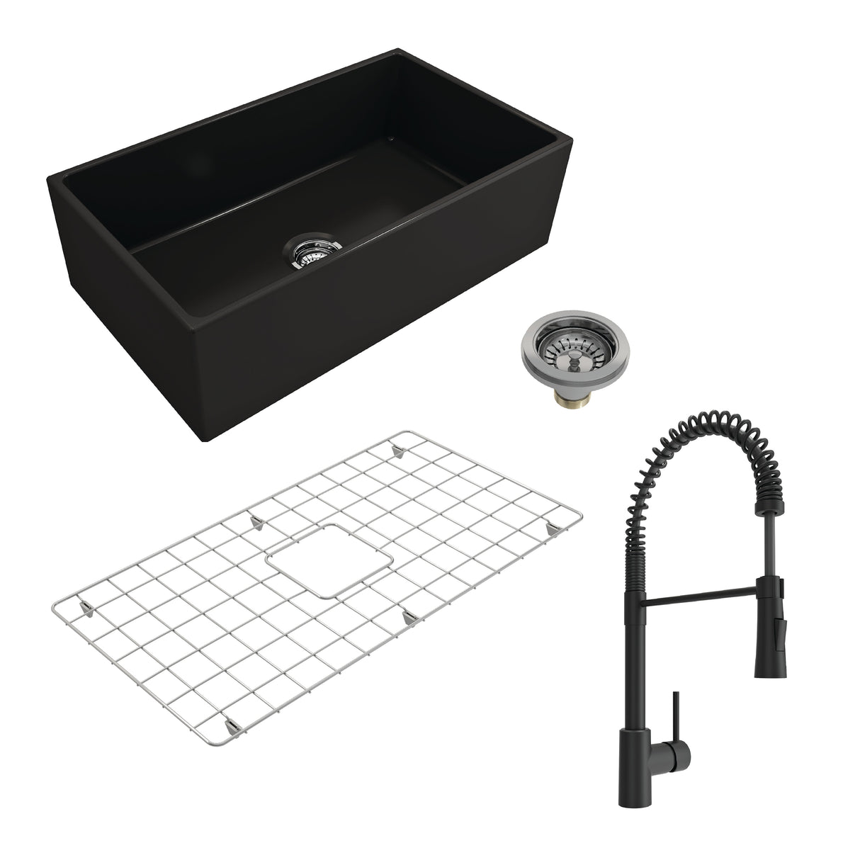 BOCCHI 1352-004-2020MB Kit: 1352 Contempo Apron Front Fireclay 33 in. Single Bowl Kitchen Sink with Protective Bottom Grid and Strainer w/ Livenza 2.0 Faucet