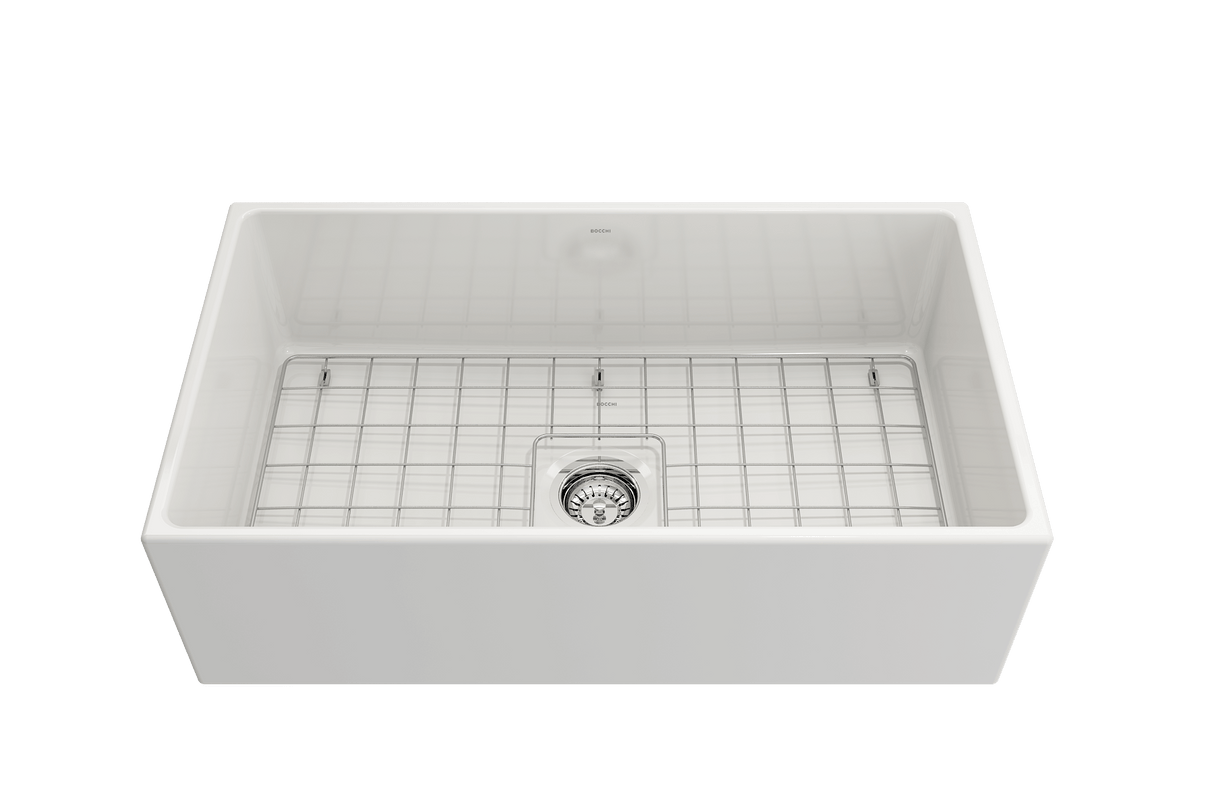 BOCCHI 1352-001-0120 Contempo Apron Front Fireclay 33 in. Single Bowl Kitchen Sink with Protective Bottom Grid and Strainer in White