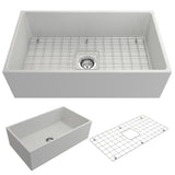 BOCCHI 1352-002-0120 Contempo Apron Front Fireclay 33 in. Single Bowl Kitchen Sink with Protective Bottom Grid and Strainer in White