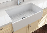 BOCCHI 1352-002-0120 Contempo Apron Front Fireclay 33 in. Single Bowl Kitchen Sink with Protective Bottom Grid and Strainer in White